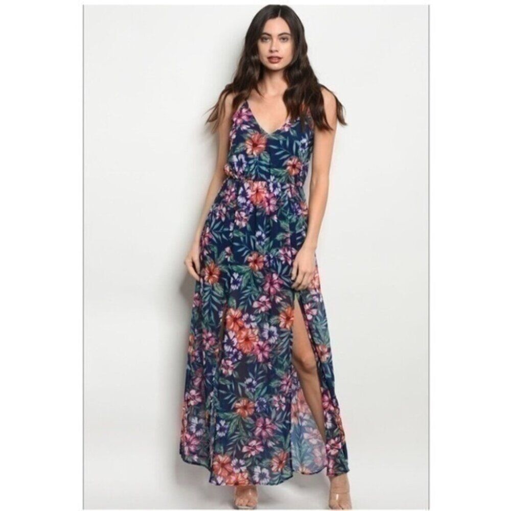 Navy Red Floral Maxi  Floral Dress